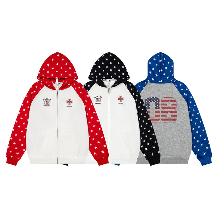Three color options of a star-print zip-up hoodie in red and white, black and white, and blue and gray