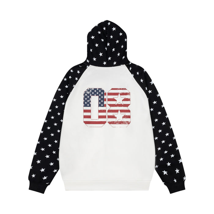 Back view of a black-and-white star-print hoodie with a large American flag-inspired 03 graphic