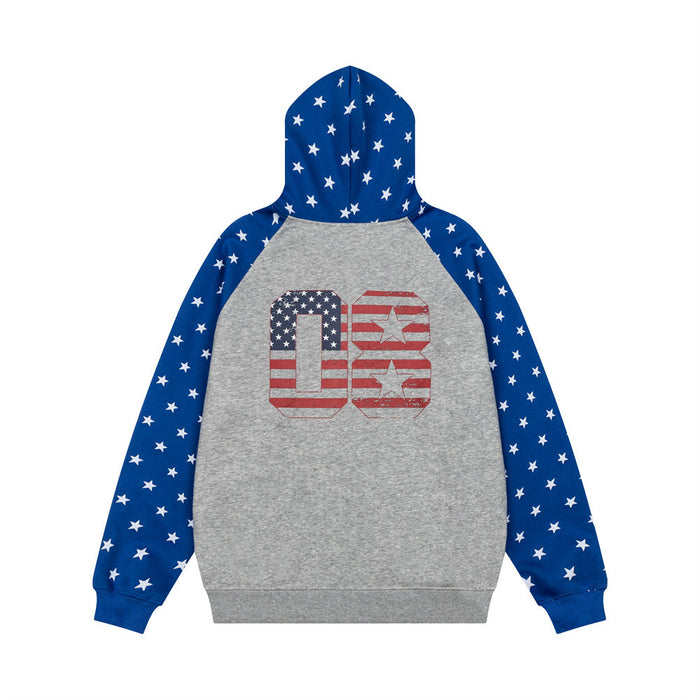 Back view of a blue-and-gray hoodie featuring white star-print sleeves and an American flag-inspired 03 graphic