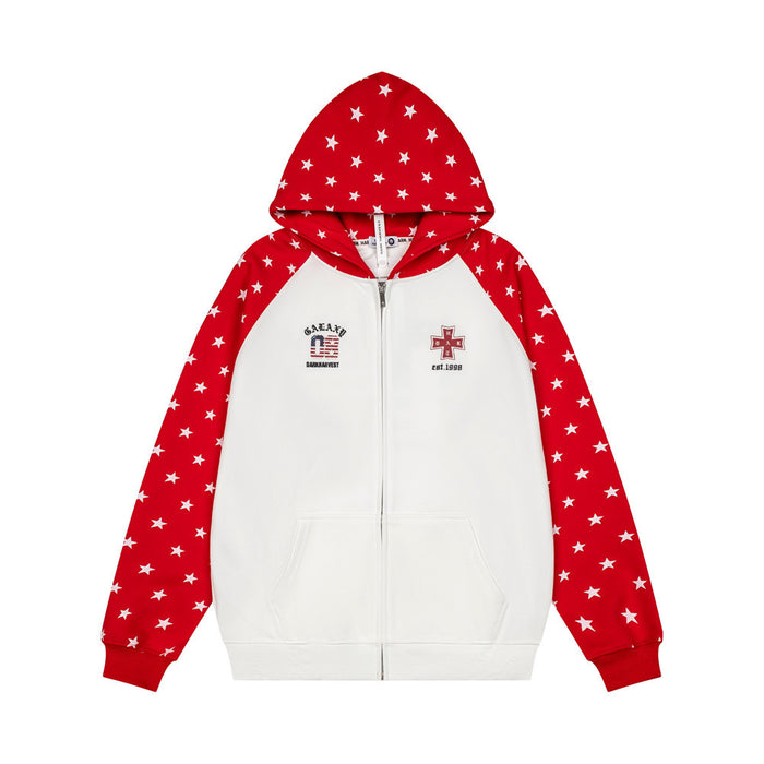 Front view of a red-and-white zip-up hoodie with white star-print raglan sleeves and hood