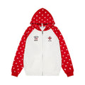 Front view of a red-and-white zip-up hoodie with white star-print raglan sleeves and hood