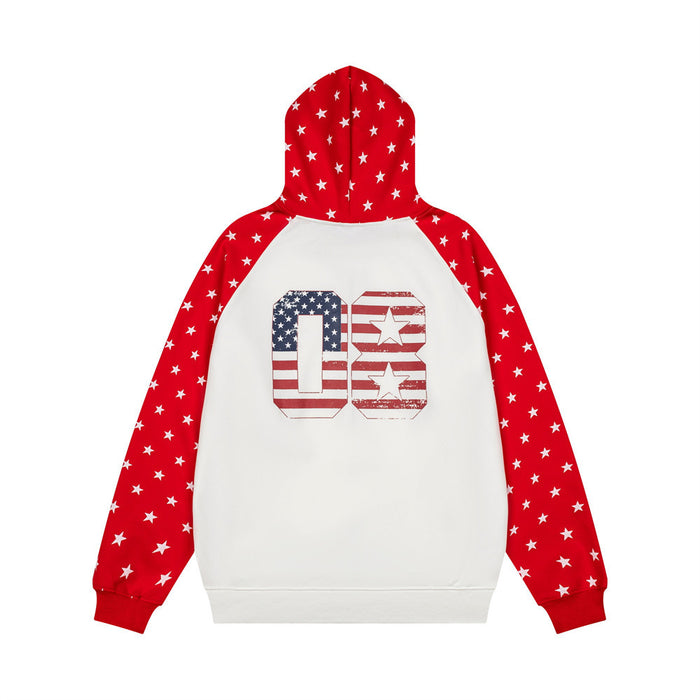 Back view of a red-and-white hoodie with white star-print sleeves and a large flag-inspired 03 graphic