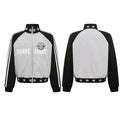 Gray and black raglan zip-up track jacket showing front and back views with white stripes and star trim