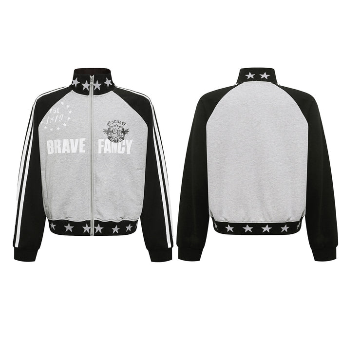 Gray and black raglan zip-up track jacket showing front and back views with white stripes and star trim