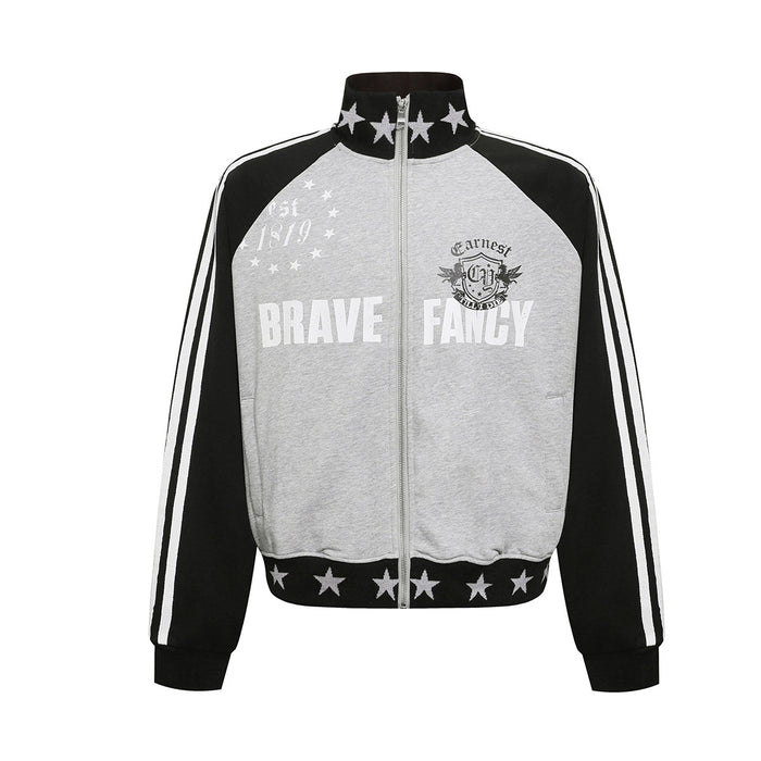 Heather grey and black colorblock raglan zip-up track jacket with star-pattern trim band and Brave Fancy chest print, front a