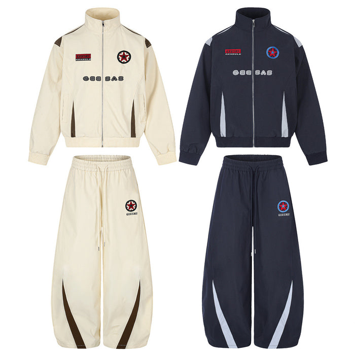 Men's GEESAS colorblock tracksuit set with stand-collar zip jacket and wide-leg pants in cream-brown and navy-grey colorways