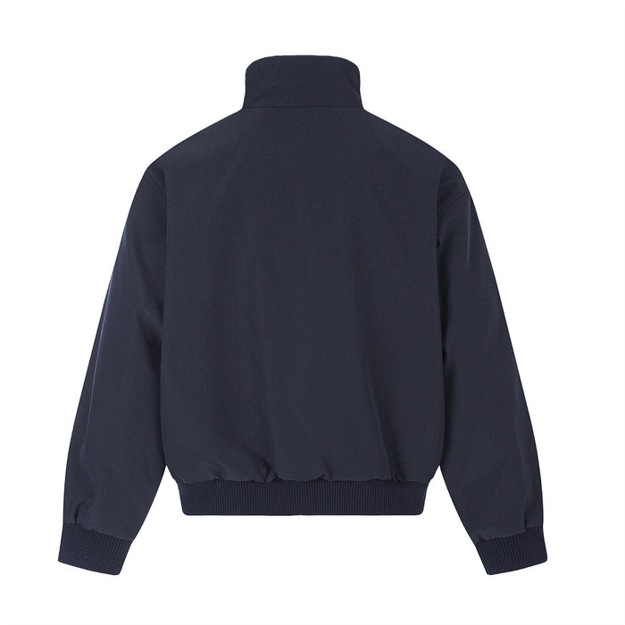 Back view of the navy stand-collar jacket with a plain body, elastic hem, and ribbed cuffs
