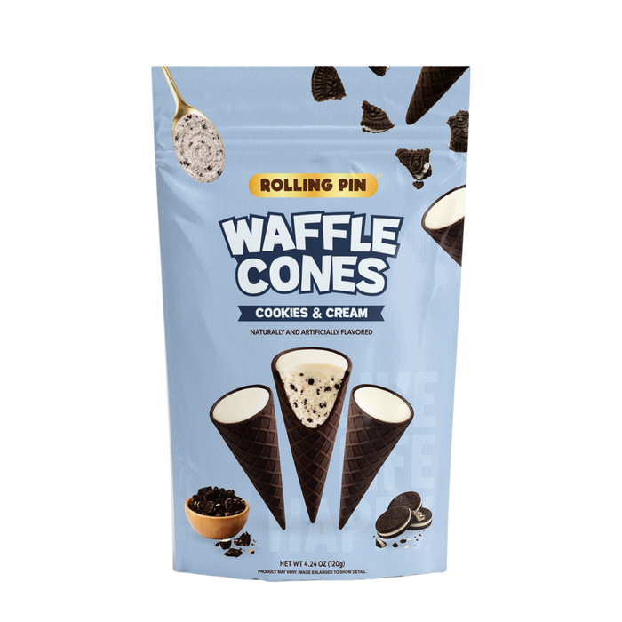 Cookies and Cream Waffle Cones, front of the 4.24 oz bag