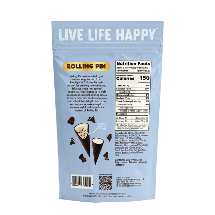Back of the Cookies and Cream Waffle Cones bag with nutrition facts and ingredients