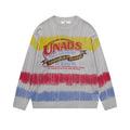 Men's crew neck ribbed knit sweater with tie-dye yellow, red, and blue horizontal stripes and UNADS graphic chest print in gr
