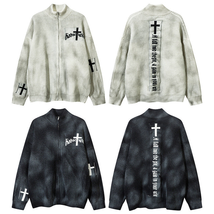 Distressed tie-dye zip-up knit cardigan sweater with cross embroidery and gothic lettering, shown in washed off-white and cha