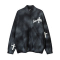 Black rib-knit zip-up cardigan shown from the front with a high collar, white chest cross graphic, and sleeve details