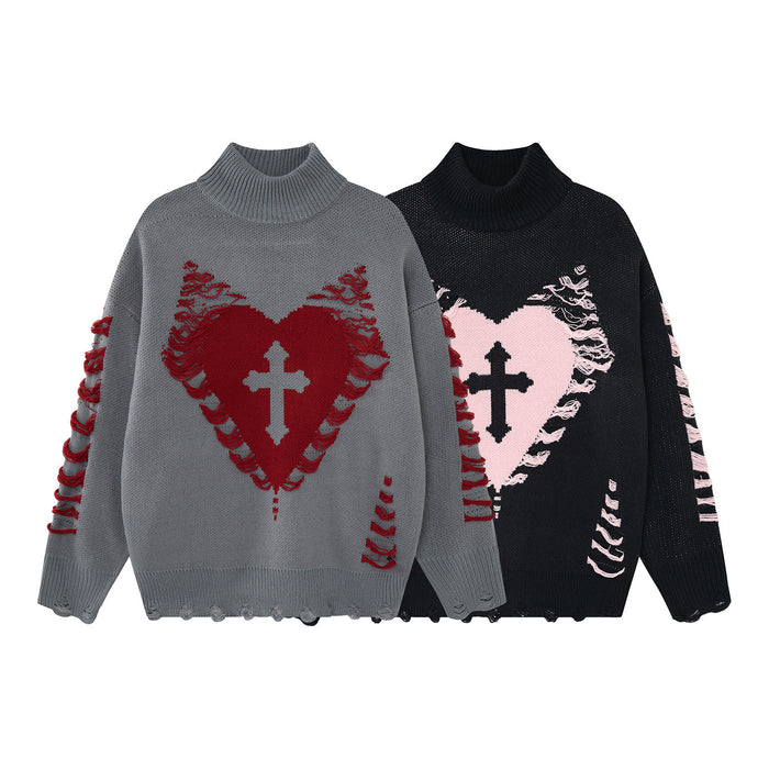 Gray and black distressed knit turtleneck sweaters with contrasting heart-and-cross graphics and frayed sleeve details