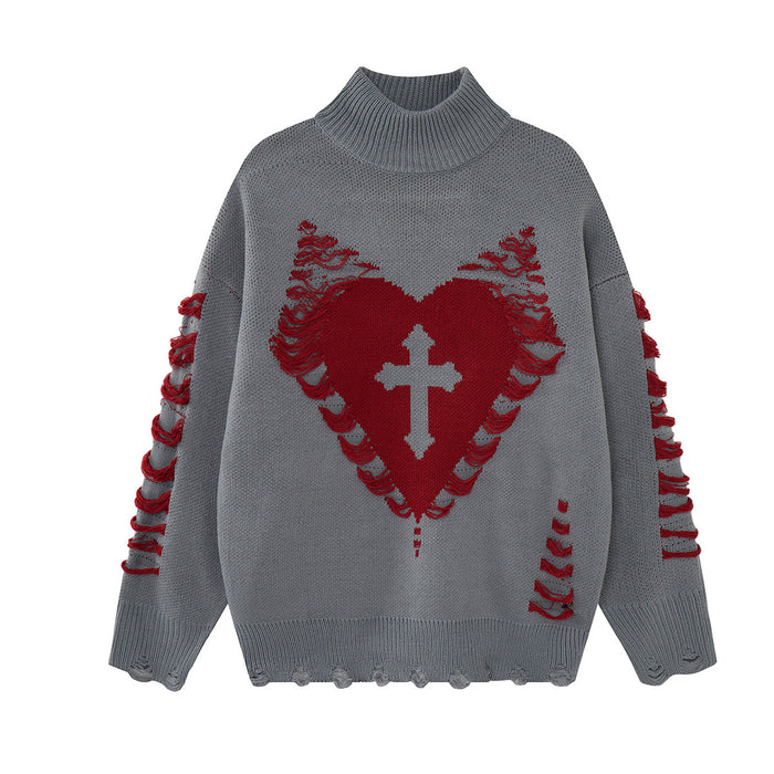 Front view of a gray knit turtleneck sweater with a red distressed heart and cross graphic and frayed details
