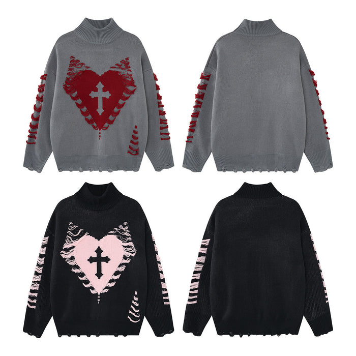 Four-view layout showing gray and black knit turtleneck sweaters with heart graphics on the fronts and plain backs