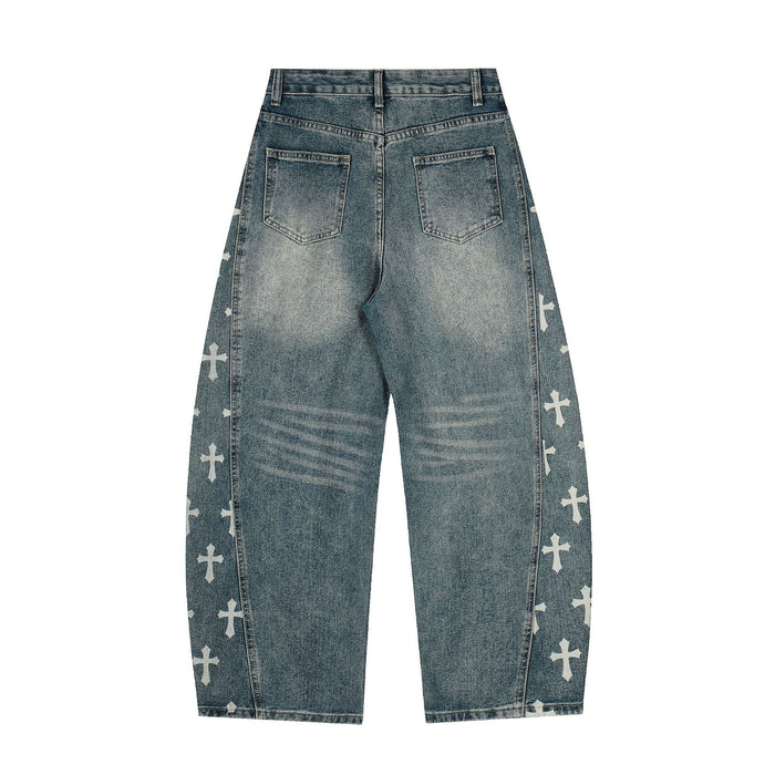 Back view of blue washed wide-leg jeans with two rear pockets and cross prints along the outer legs