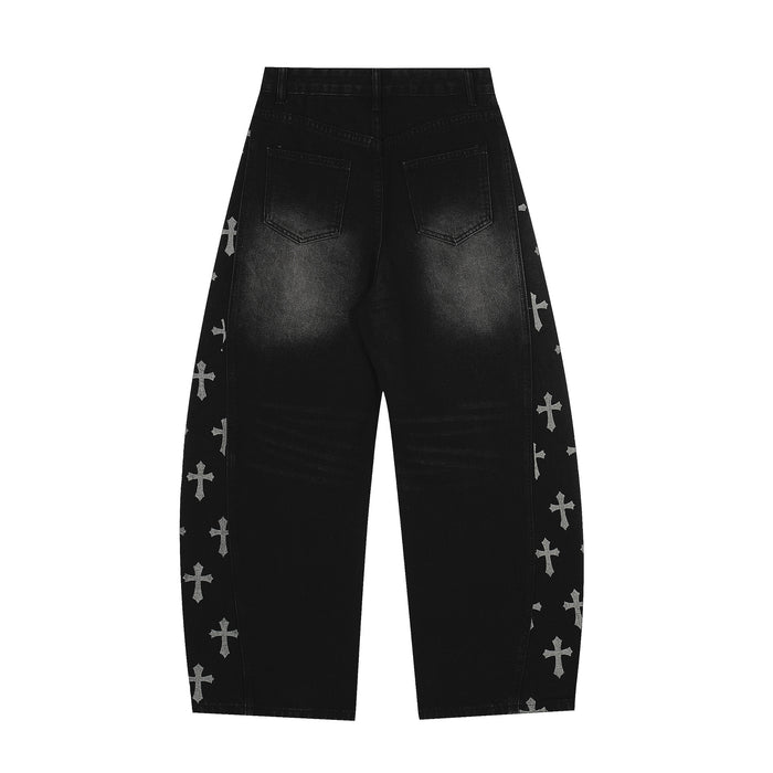 Back view of black wide-leg jeans with two rear pockets and sparse cross prints near the outer seams
