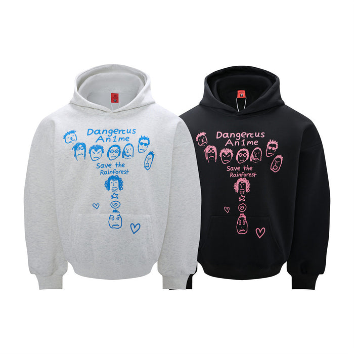 Heather gray and black pullover hoodies with contrasting cartoon face graphics and Save the Rainforest text