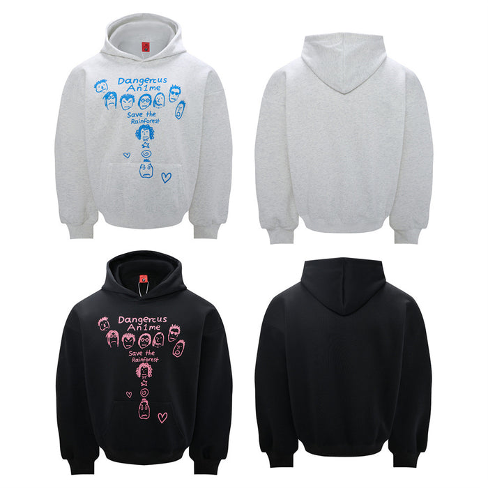 Front and back views of heather gray and black graphic pullover hoodies with plain backs