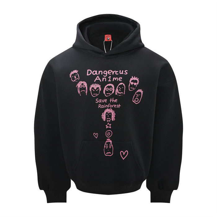 Black pullover hoodie with pink cartoon face graphic, Dangerous Anime lettering, and Save the Rainforest text