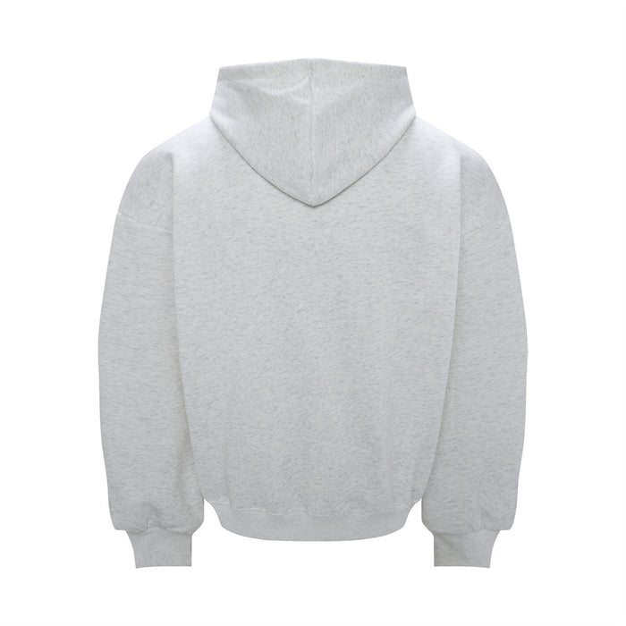 Back view of a plain heather gray pullover hoodie with a hood, sleeves, and ribbed cuffs