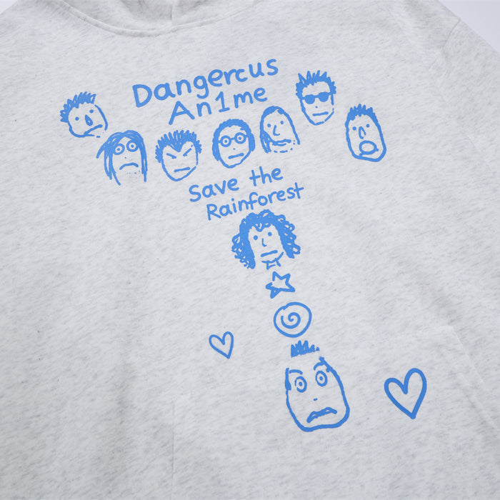 Close-up of the blue hoodie graphic showing cartoon faces, hearts, and Save the Rainforest lettering