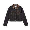 Dark indigo cropped denim jacket with leopard print collar and gold studded cross-pattern chest pockets, front and back view