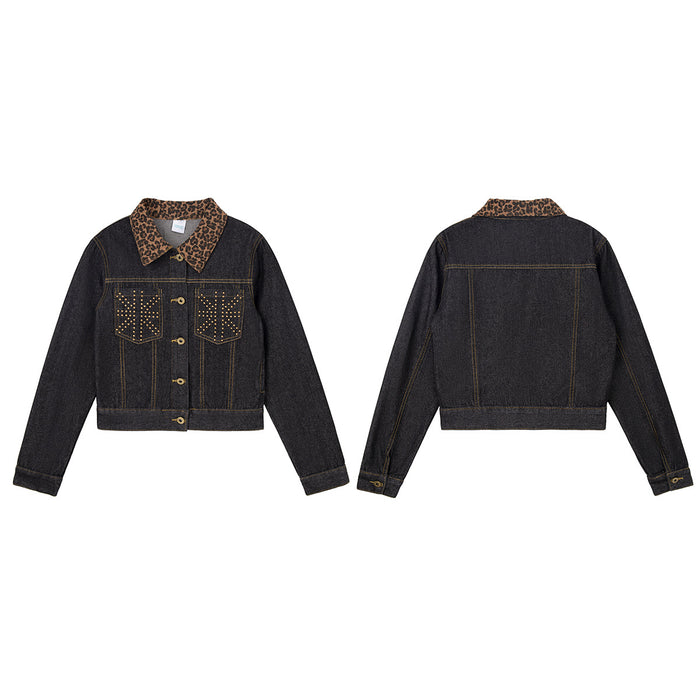 Dark denim jacket shown from the front and back, with a leopard print collar and gold-studded chest pockets