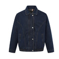 Dark indigo oversized boxy denim bomber jacket with snap buttons, Western yoke seams, and elastic hem, front and back view