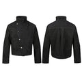 Deconstructed black denim jacket with asymmetric diagonal button closure and structured stand collar, front and back view