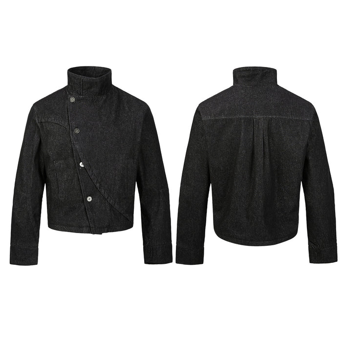 Deconstructed black denim jacket with asymmetric diagonal button closure and structured stand collar, front and back view
