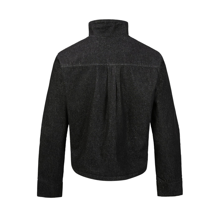 Back view of a black denim jacket with stand collar, long sleeves, curved hem and horizontal shoulder seam