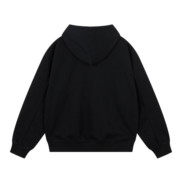 Black oversized hoodie shown from the back with hood, long sleeves, ribbed cuffs, and ribbed hem