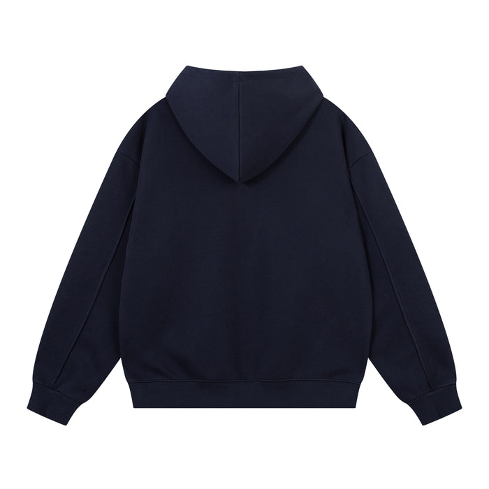 Navy oversized hoodie shown from the back with a plain body, hood, and ribbed hem