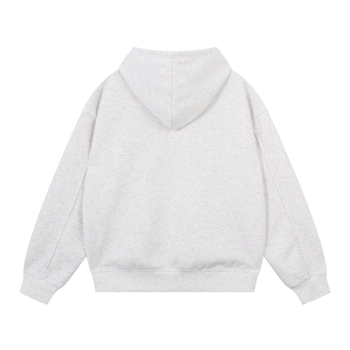 Light gray oversized hoodie shown from the back with a plain body, hood, and ribbed hem