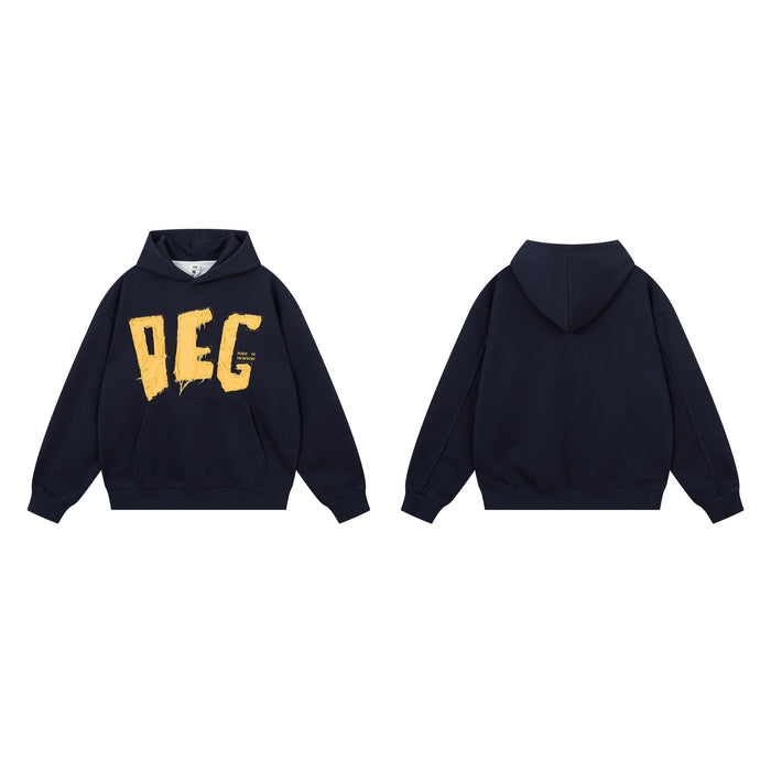 Navy hoodie front and back views featuring yellow frayed DEG lettering on the front