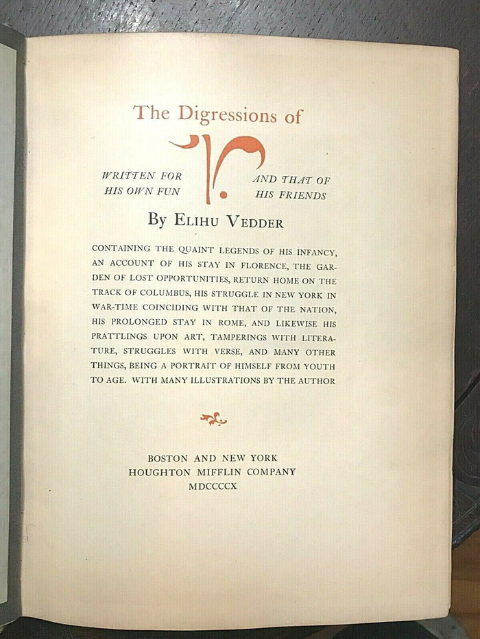 DIGRESSIONS OF V. - 1st Ltd Ed, 1910 - 2 Vols SIGNED, SYMBOLIST ART Elihu Vedder