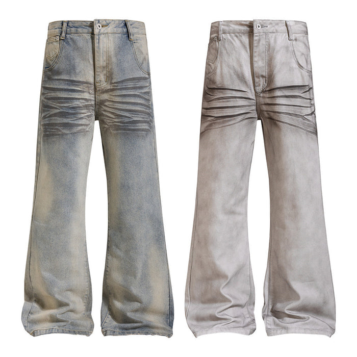 Wide-leg flare jeans shown front-facing in washed blue denim and light gray denim with horizontal crease detailing
