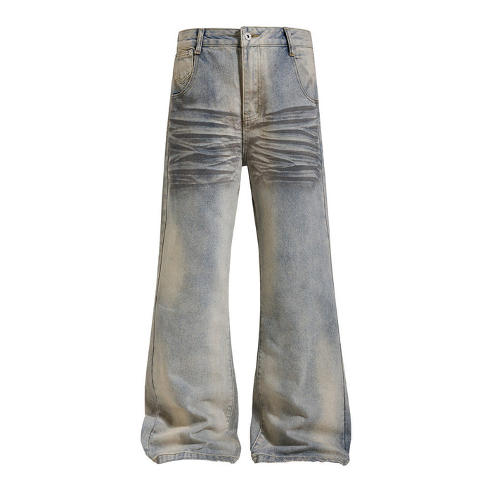 Washed blue wide-leg flare jeans shown front-facing with dark horizontal crease detailing across the thighs