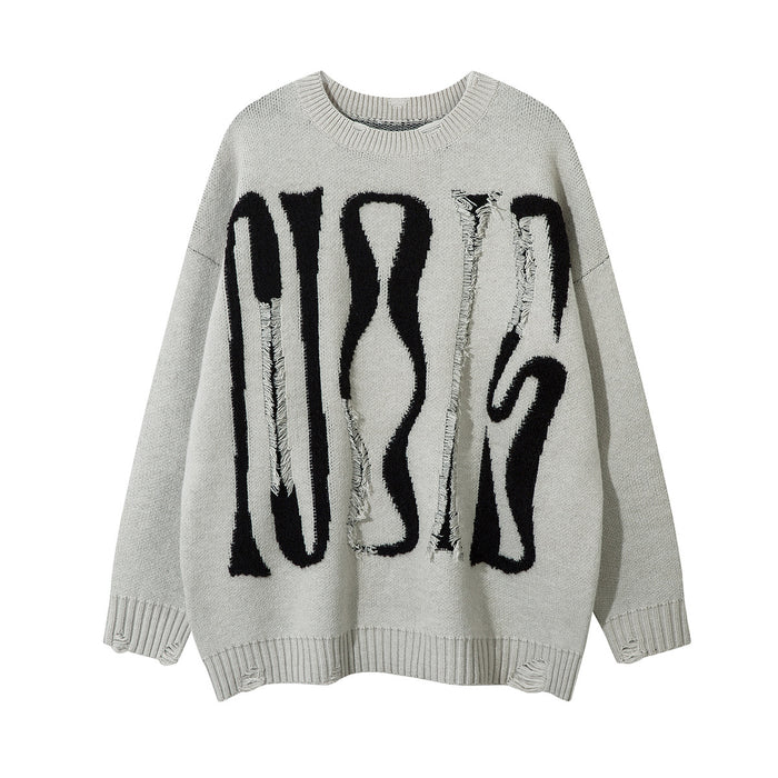 Oversized distressed graphic knit crewneck sweater with raw-edge black letter detail on grey fabric, front and back views