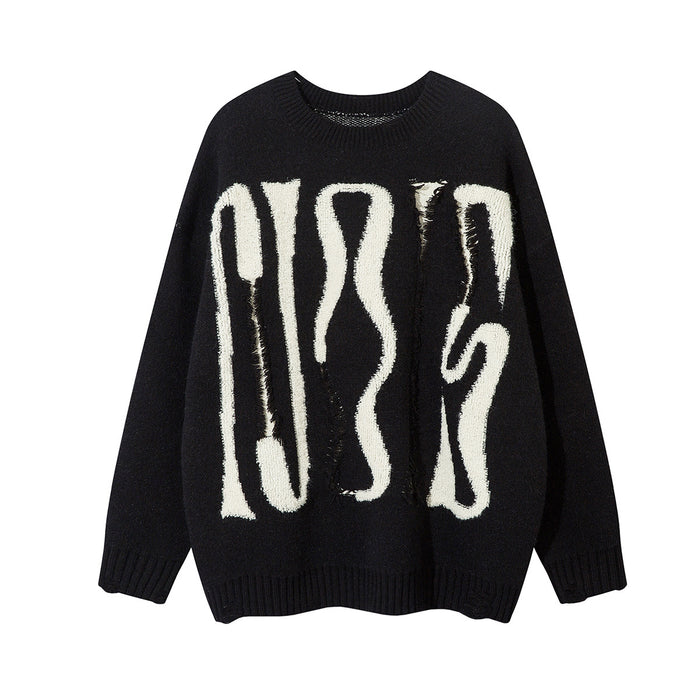 Black oversized crewneck knit sweater front with large distressed cream abstract lettering