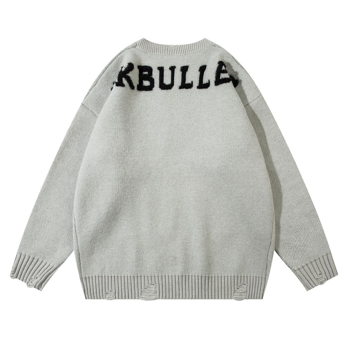 Light gray oversized knit sweater back with black lettering across the upper shoulders