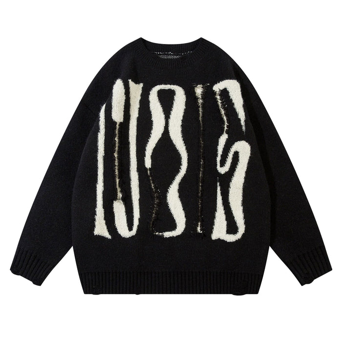Black oversized crewneck sweater front with large cream distressed abstract letter graphics