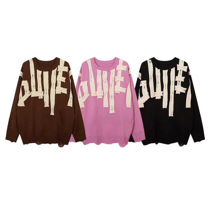 Three distressed knit crewneck sweaters in brown, pink, and black with cream letter appliqués