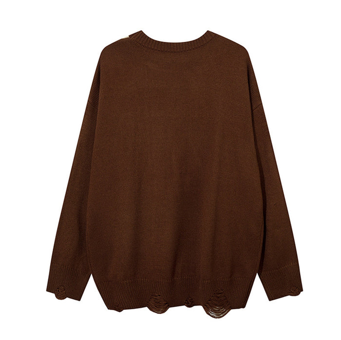 Brown knit crewneck sweater shown from the back with distressed raw edges along the hem