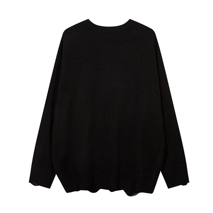 Black knit crewneck sweater shown from the plain back with a distressed lower hem
