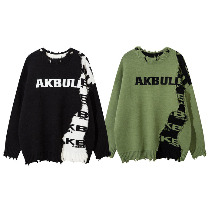 Black and olive green knit sweaters with contrasting logo panels, oversized silhouettes, and distressed raw edges