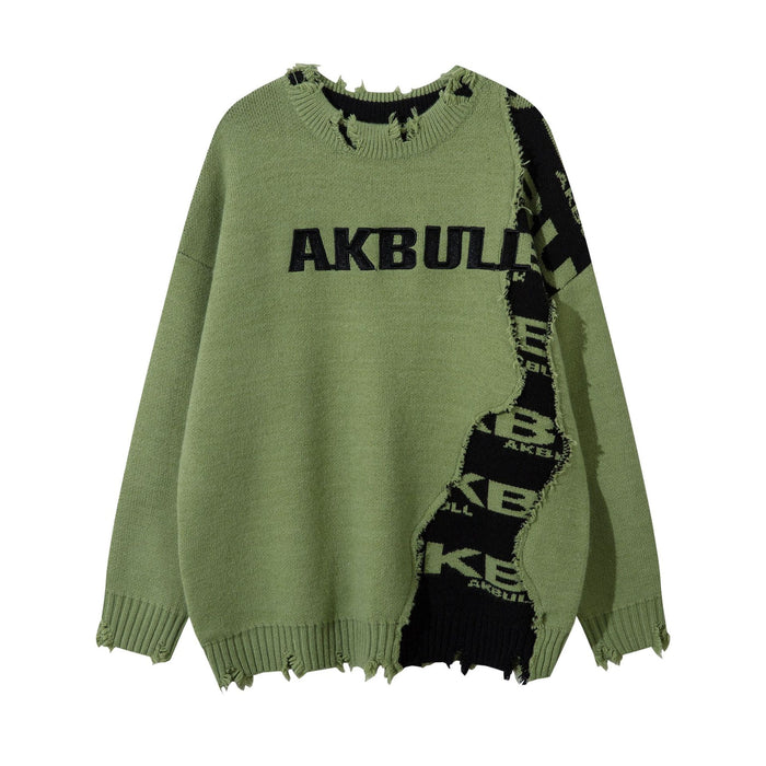 Olive green knit sweater front with black logo lettering, contrasting patterned side panel, and frayed edges