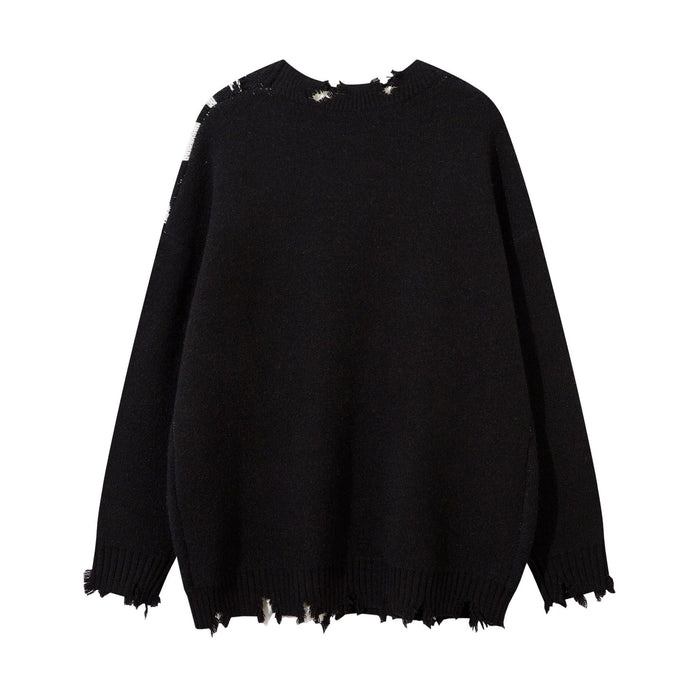 Black knit sweater back with a plain design, long sleeves, and distressed raw edges at the neckline and hem