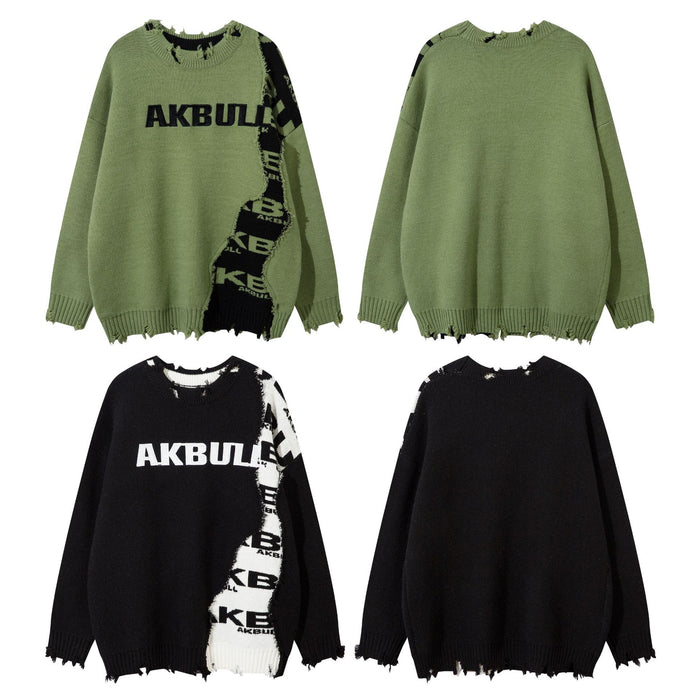 Front and back views of black and olive green distressed knit sweaters with contrasting logo panels